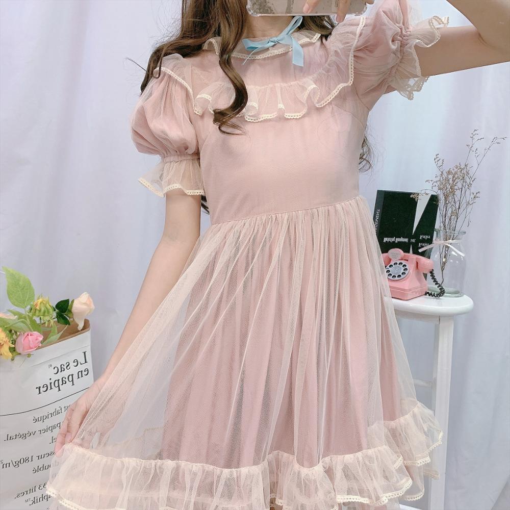 summer short sleeve Lolita dress puff sleeve mesh student sweet kawaii pink dress Cos Loli Vestidos