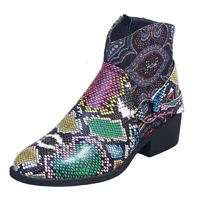 2020 botas de tornozelo de moda feminina dedo do pé redondo botas de salto quadrado baixo outono/inverno com zíper sapatos de pele de cobra padrão botas de plutônio zapatos 43: Green serpentine / 36