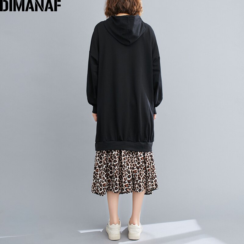 Dimanaf plus size dame kjole print leopard efterår bomuld hætte dame vestidos kvinde tøj afslappet løs langærmet kjole