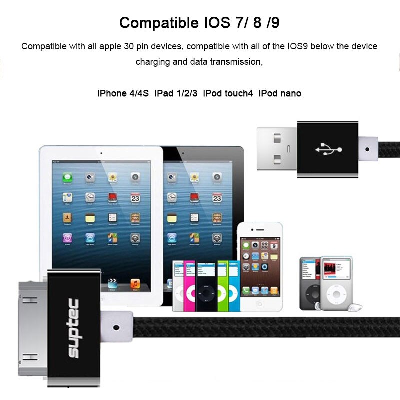 SUPTEC 2M 3M USB Kabel für iPhone 4 4S Nylon Geflochtene Draht Schnelle Ladung 30 Stift Ladegerät kabel für iPad 1 2 3 iPod Nano Daten Kabel