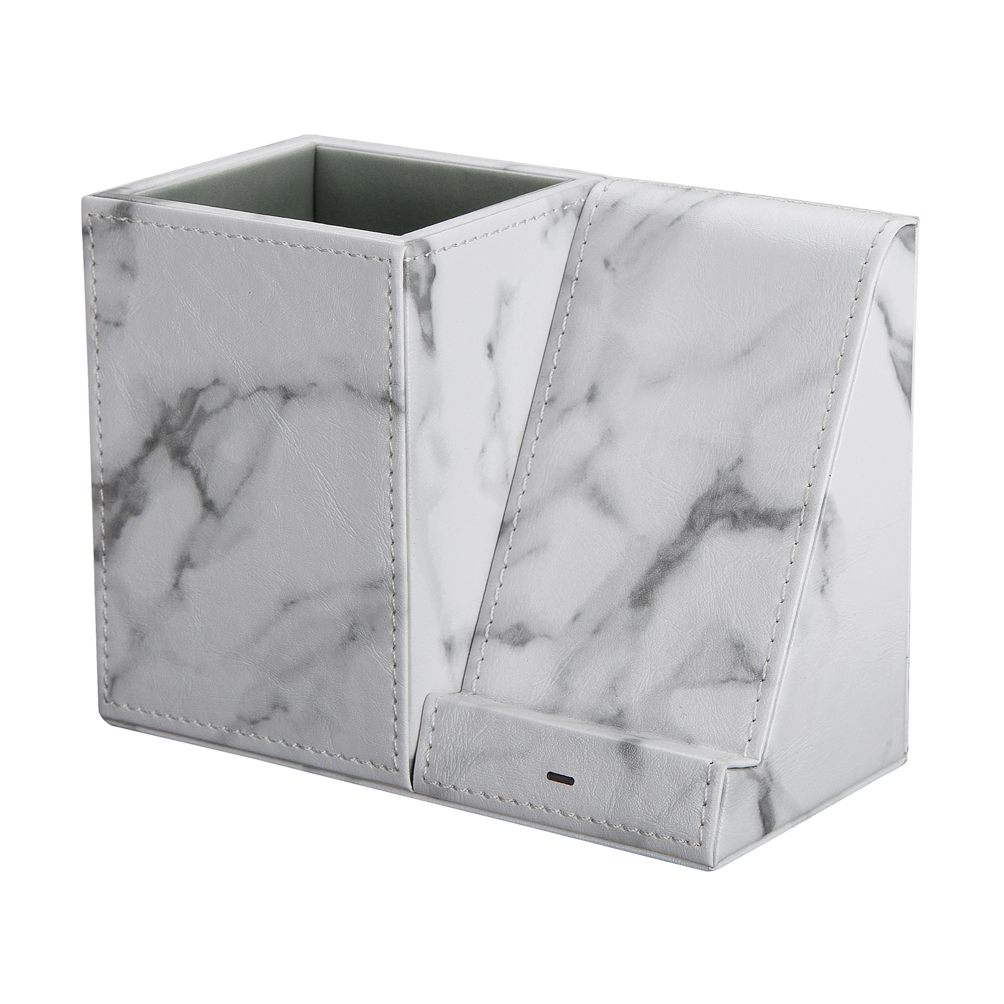 Leren pennenhouder voor op het bureau, draadloze oplaadstandaard voor je telefoon: Zilver