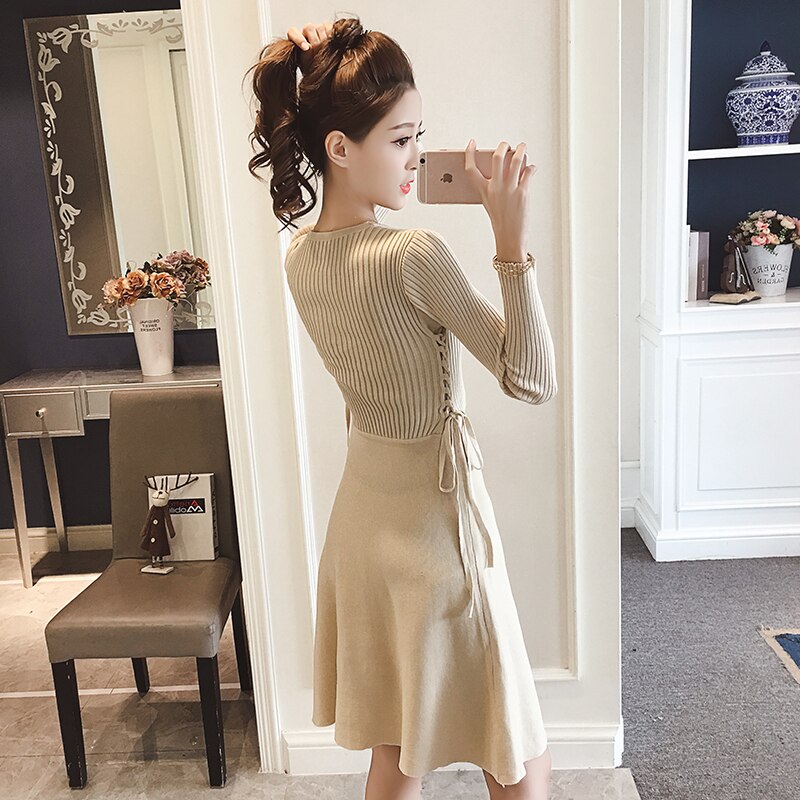 Knitting Long Sleeve Dress Autumn Women's clothing Slim Lace up Elasticity knitted Sweater A-line Dresses