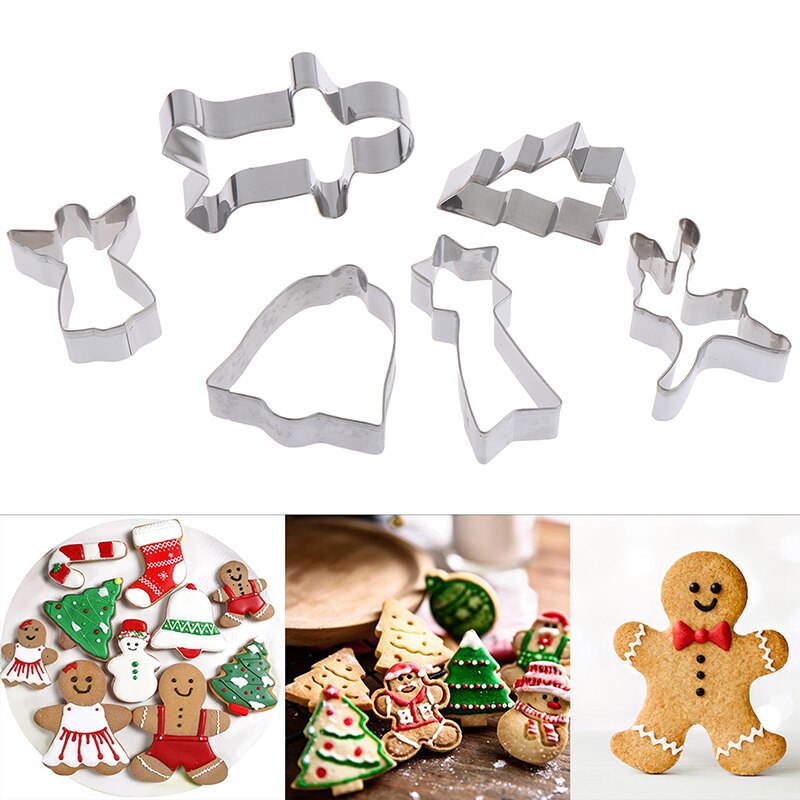 6 stks Kerst Cookie Cutter Rvs Cut Candy Biscuit Mold Koken Gereedschap Kerst Thema Cutters Bakvorm
