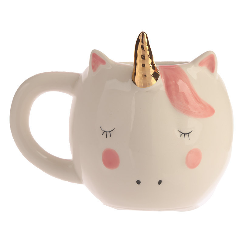 300ML Nette Einhorn Kaffee Tasse Karikatur Ebene Milch Becher Kreative Keramik Tasse Frau Einhorn Becher Einzigen schicht rosa mit griff: Weiß