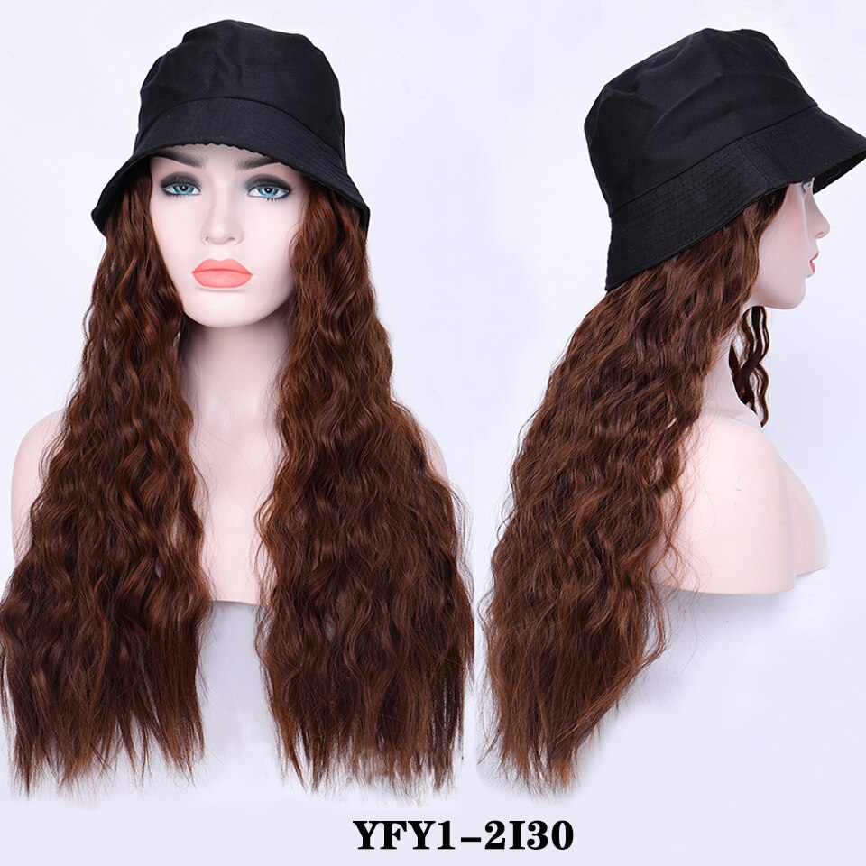 Perruque synthétique longue avec cheveux ondulés/lisses et chapeau bob noir avec extension capillaire: #144