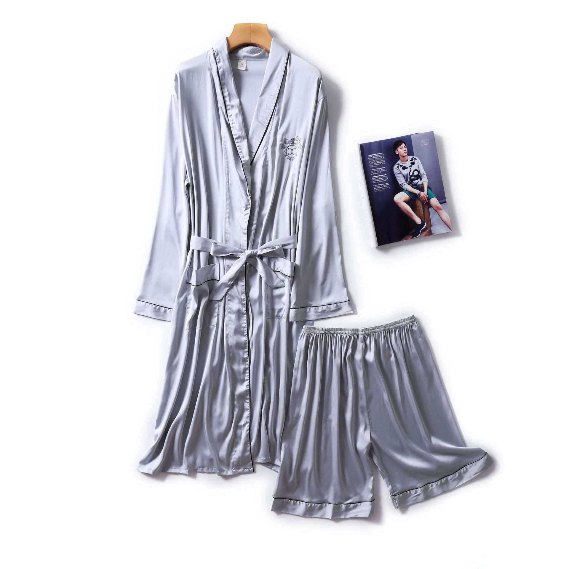 Navy Blue Mens Robe Short Pants Pajamas Suit Spring Two Piece Sleepwear Sets Casual Home Wear Nightwear Sleep Kimono Bath Gown