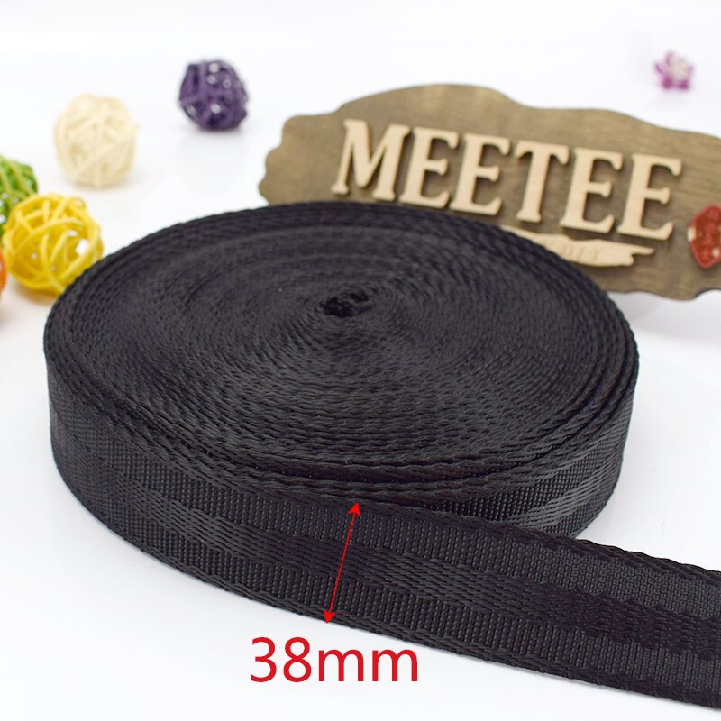 Meetee 5 meter 20-50mm polyester nylon webbing tape sikkerhedssæde bånd rygsæk kæledyr rem bælte omsnøring blonder bias bindende tape: Sort -38mm
