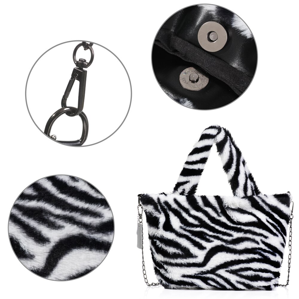 Winter Pluizige Grote Schoudertas Messenger Bag Voor Vrouwen Luipaard Zebra Print Onderarm Zakken Zachte Pluche Warme Bont Zakken met Ketting