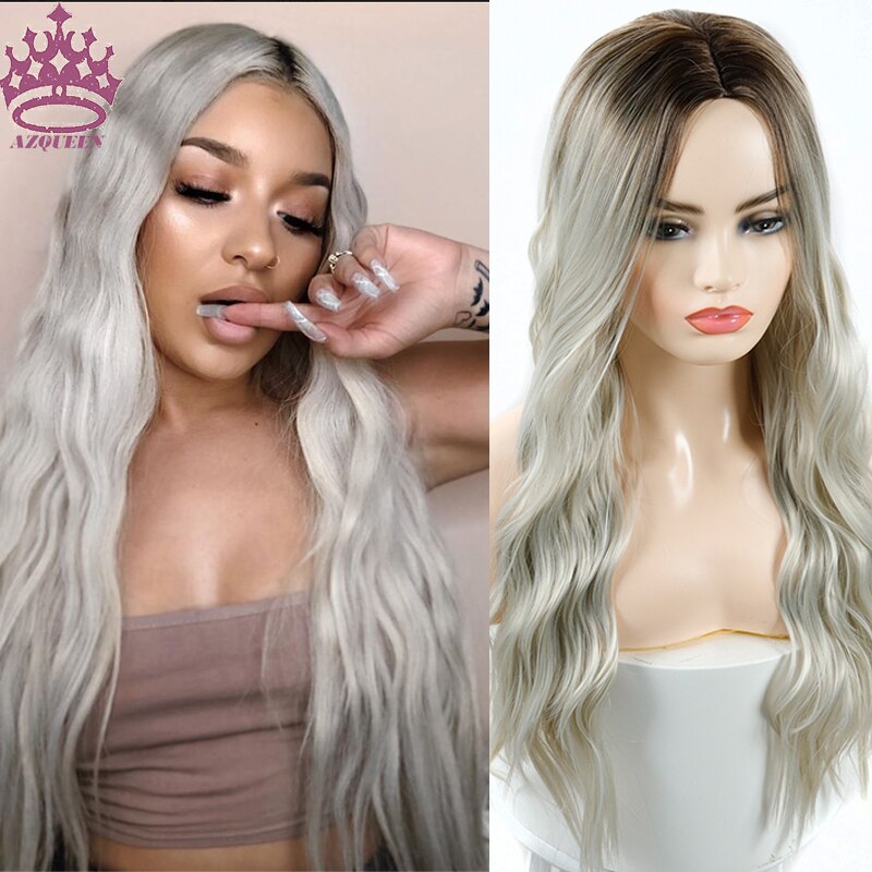 Peluca AZQUEEN largo ondulado para mujer, pelucas de pelo Natural con parte lateral, pelucas sintéticas Ombre de platino/Rubio/pelucas negras resistentes al calor para mujer: 93883-R8-88-YINHUI
