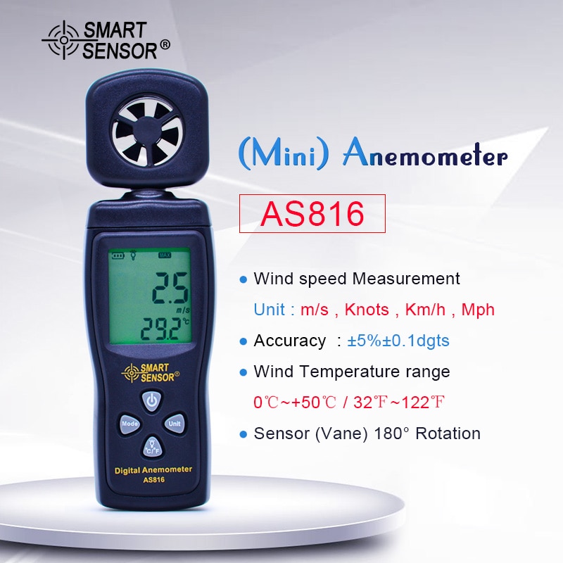 SMART SENSOR AS816 Air Flow Meter 0-30 M/S Digitale Anemometer Wind Meter Toerenteller Data Hold LCD Backlight temp meet