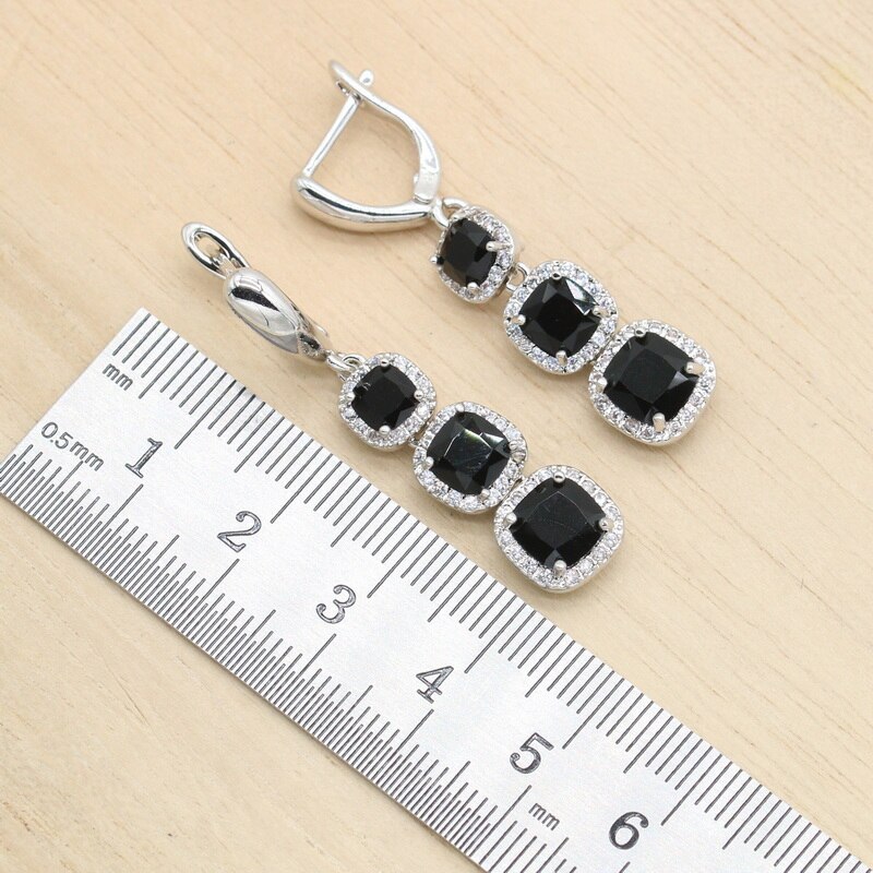 Geometrische Schwarz Zirkonia 925 Silber Schmuck einstellen für Frauen Lange Ohrringe Halskette Anhänger Ring Geburtstag