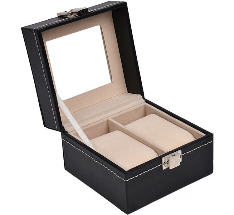 Læder urkasse sorte herreur opbevaringsbokse sag med vinduesmykker kvinder sag display smykker holder: 2 pladser