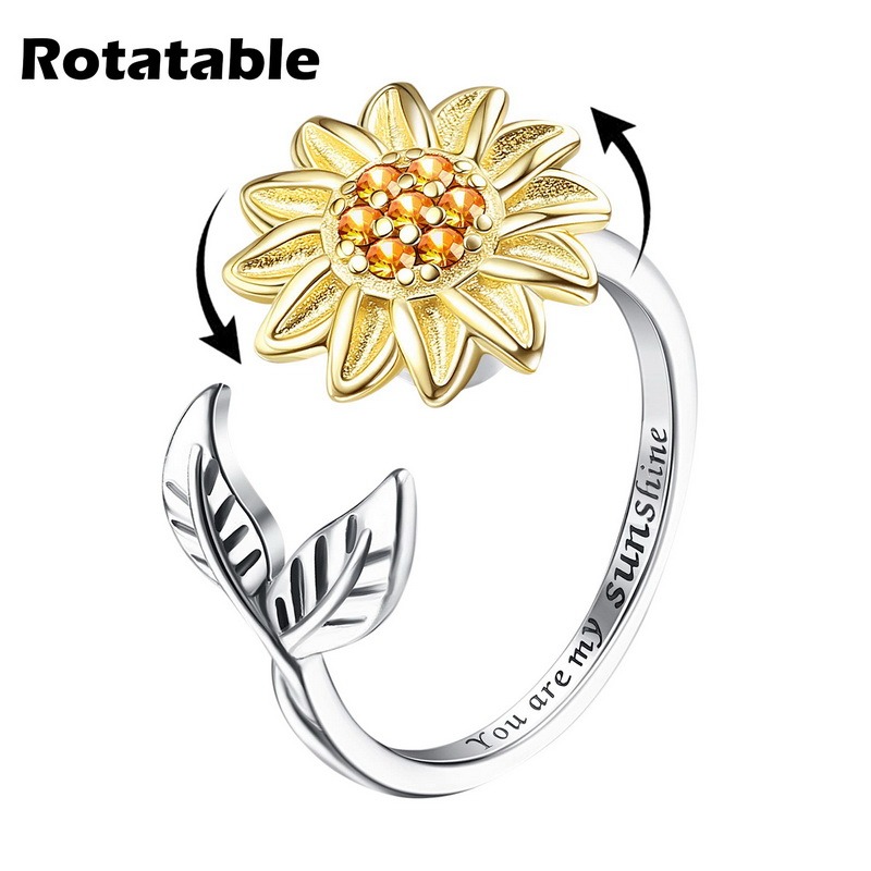 Bague ajustable en Zircon pour femme et adolescent, bijou pour l&#39;anxiété, tournesol, marguerite, de saint-valentin,: sunflowers leaves