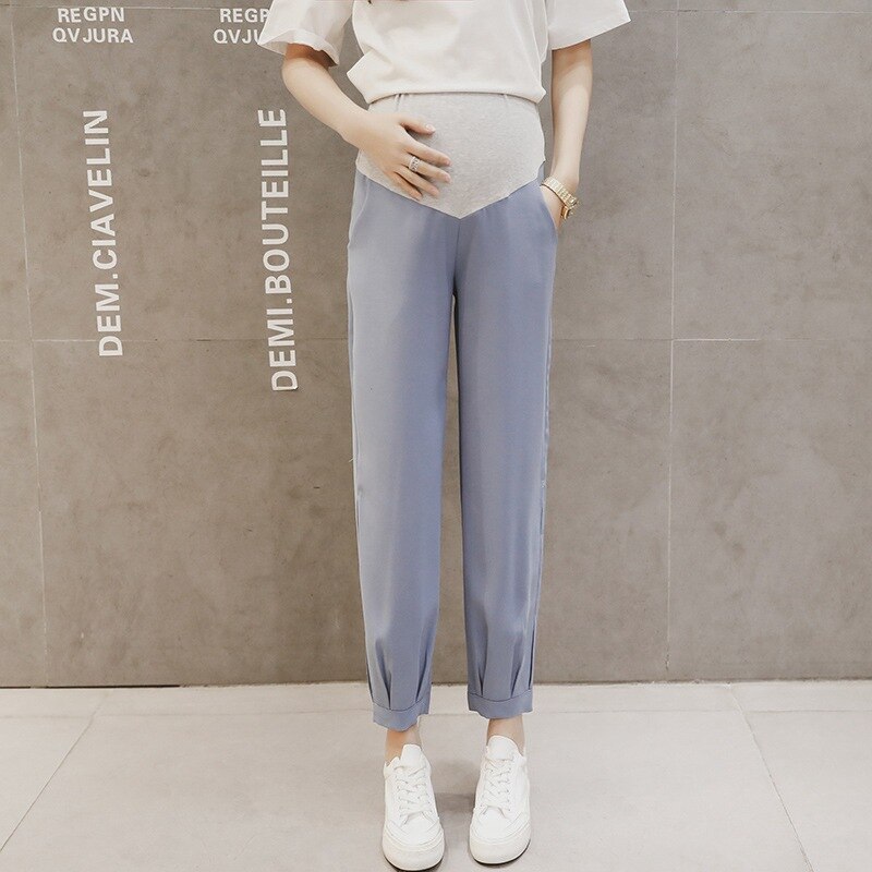 Pregnancy Abdominal harem Pants chiffon Maternity Clothes For Pregnant Women Boyfriend Pants High Waist Trousers Loose Jeans: light blue / XXL