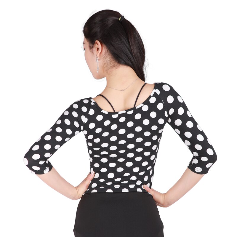 Camisetas de práctica para adultos bailarín latino, ropa de baile moderno con cuello redondo de punto blanco para mujer, Rumba, Tango, Samba, Salsa, VO1312