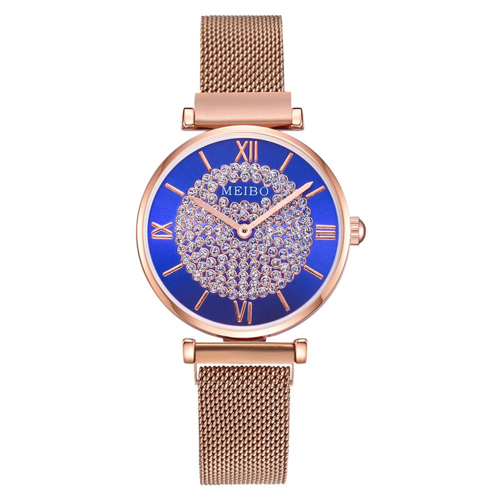 Luxe dameshorloges met strass, roségouden magnetische dameshorloges voor dames, armbandhorloge, damesklok, relogio feminino: Blauw