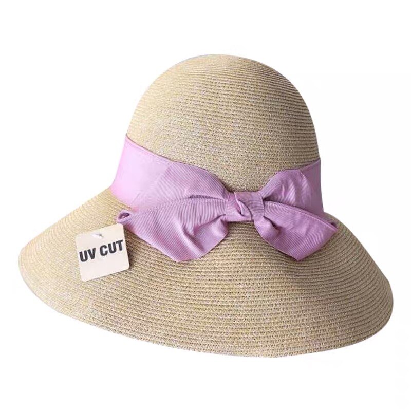Zomer Strohoed Vrouwen Grote Wide Brim Strik Strand Zon Hoeden Opvouwbare Zonnebrandcrème Anti-Uv Panama Hoed Chapeu Feminino: Light Purple