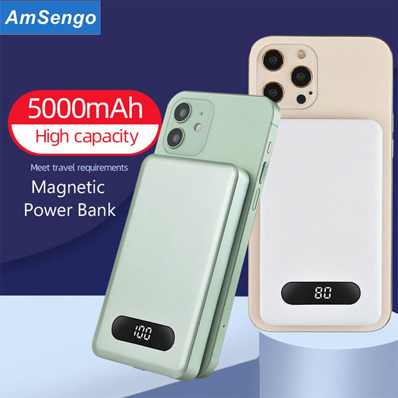 Amsengo Magnetische Draadloze Opladers 5000Mah Powerbank Voor Iphone 12 Max 12Pro 12Mini Power Bank Externe Extra Batterij