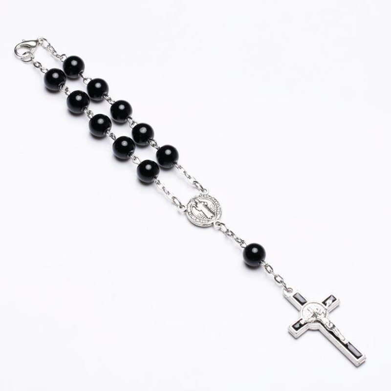 CR77 10pcs Vintage Black Beads Catholic One-Decade Rosary Glass St Benedict Connectors INRI Crucifix Bracelet Statement