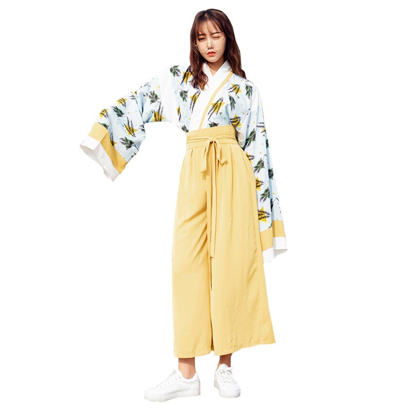 Japansk kimono for kvinne orientalske japan klær sett store lange ermer brede ben bukser fest fotografering kostymer