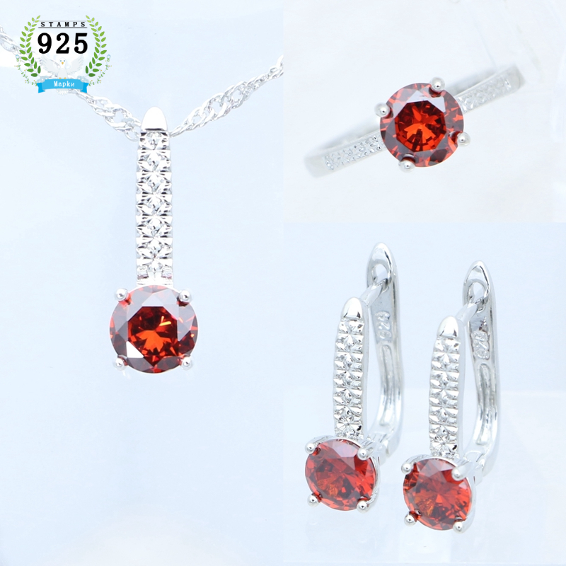 925 Sterling Zilveren Bruids Sieraden Set Sapphire Oorbellen Hanger Ketting Open Ring Voor Vrouwen Gratis Box: Rood