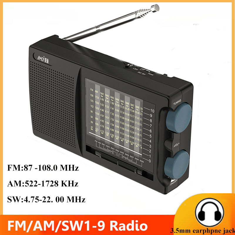 Rádio portátil FM AM SW, Rádios de alta sensibilidade, Receptor Alto-falante embutido, Antena giratória de 360 graus, fone de ouvido