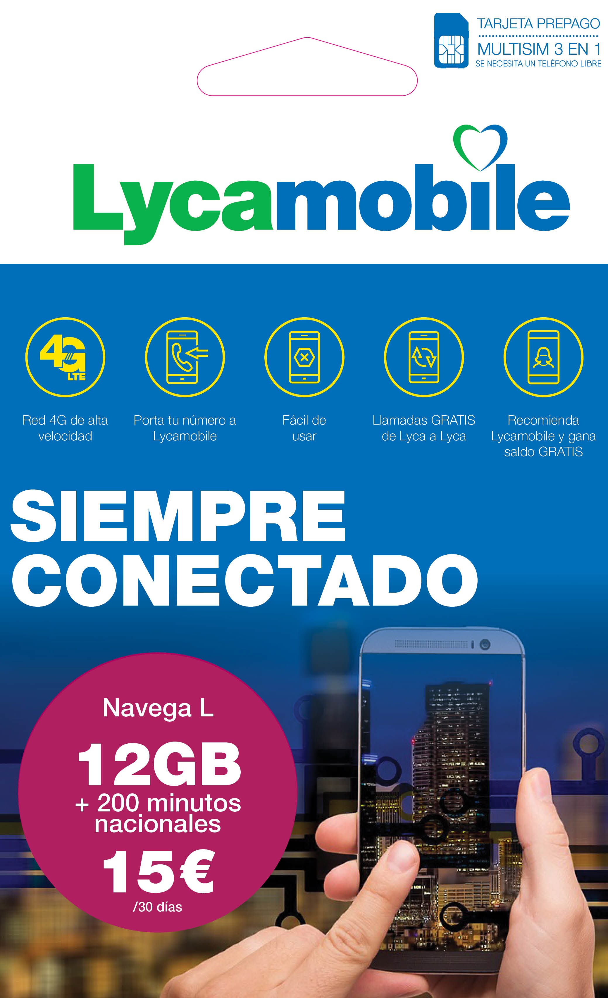 Lycamobile Tarjeta Prepago Multi SIM - Plan Nacional NAVEGA L , Incluye 12 GB de Datos + 150 Minutos en Llamadas , 30 Días