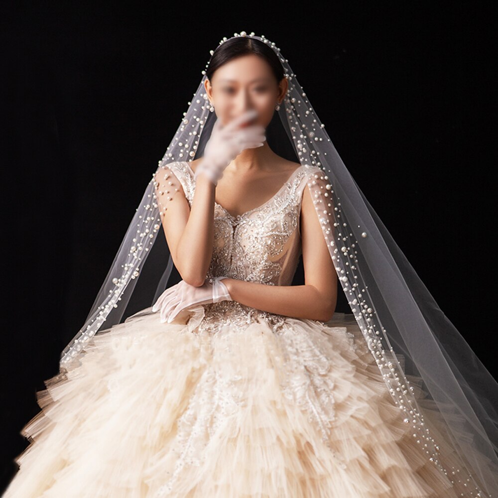 Velo de novia con perlas largas, velo de tul de 1T, , lujoso, de una capa, marfil, para nupcial