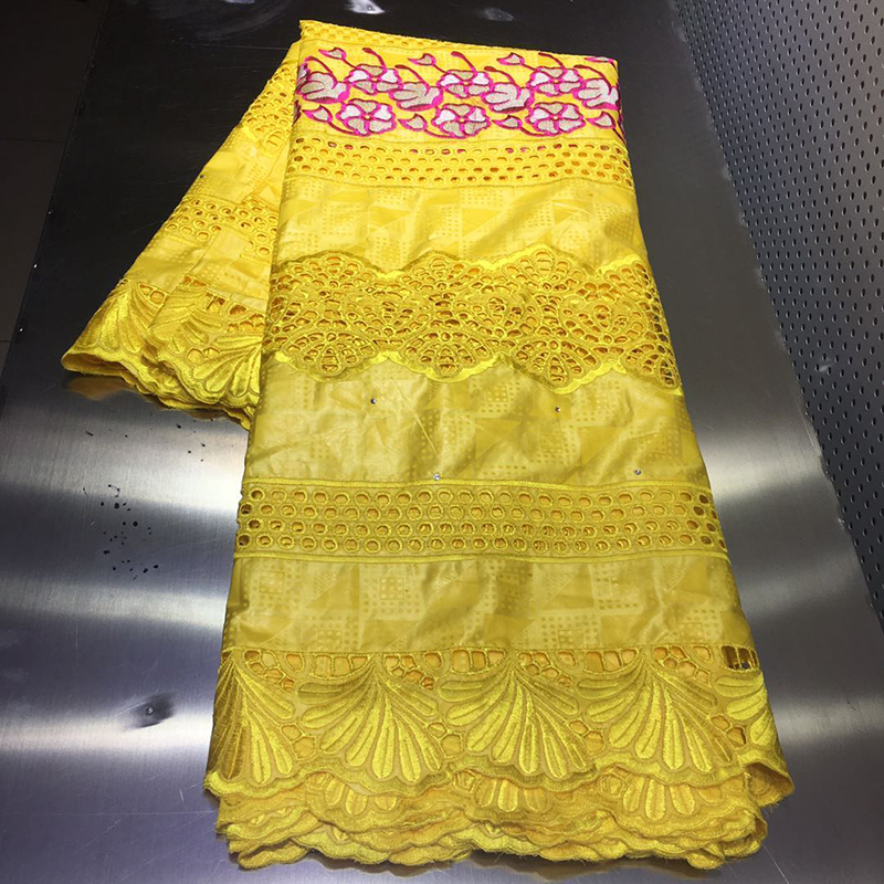 Model African European American style Bazin Riche Getzner Fabric With Embroidery and Diamond sewing materials for clothing: Yellow