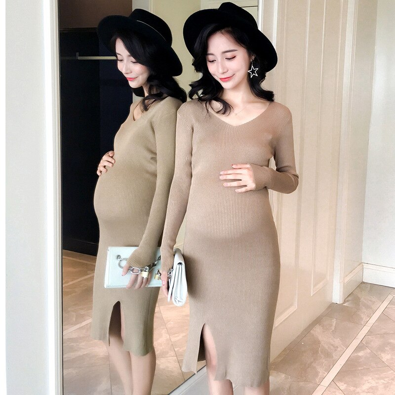 Maternity Dress Autumn Winter Pregnant Women Striped Wild Pullover Sweater Knee-length Shirt Body-con Knitted Dresses Women: Khaki / L