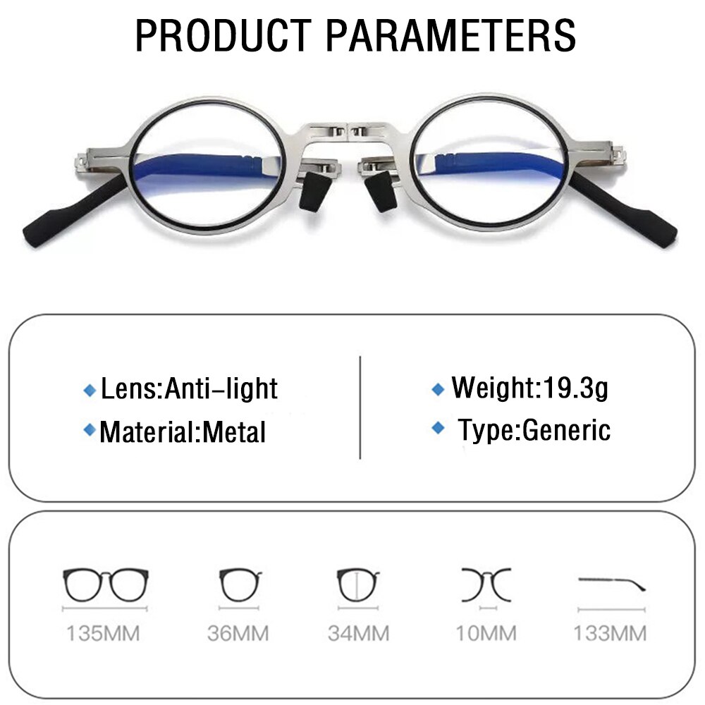 Lunettes de lecture rondes et pliantes en métal pour hommes, lumière bleue, monture étroite pour ordinateur