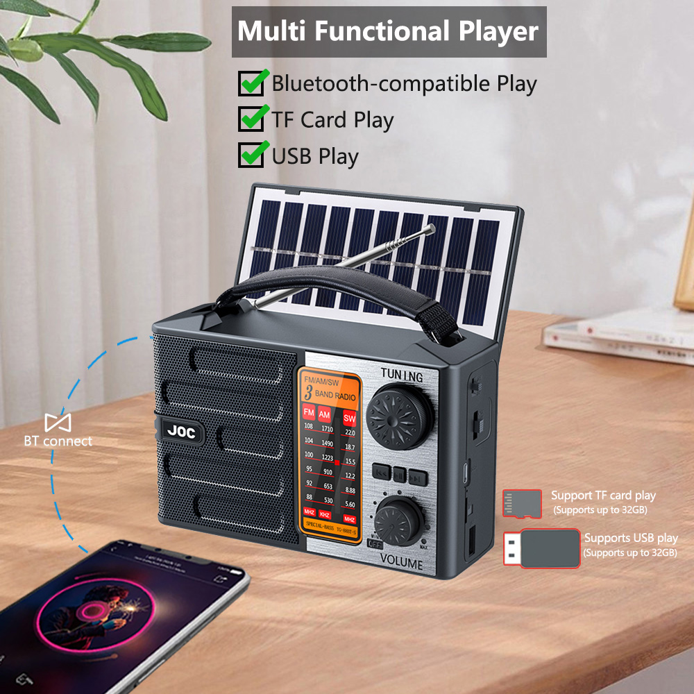Portable FM AM SW Radio Rechargeable Outdoor Solar Full Band High Sensitivity Radio Receiver with LED Lighting Bluetooth Speaker