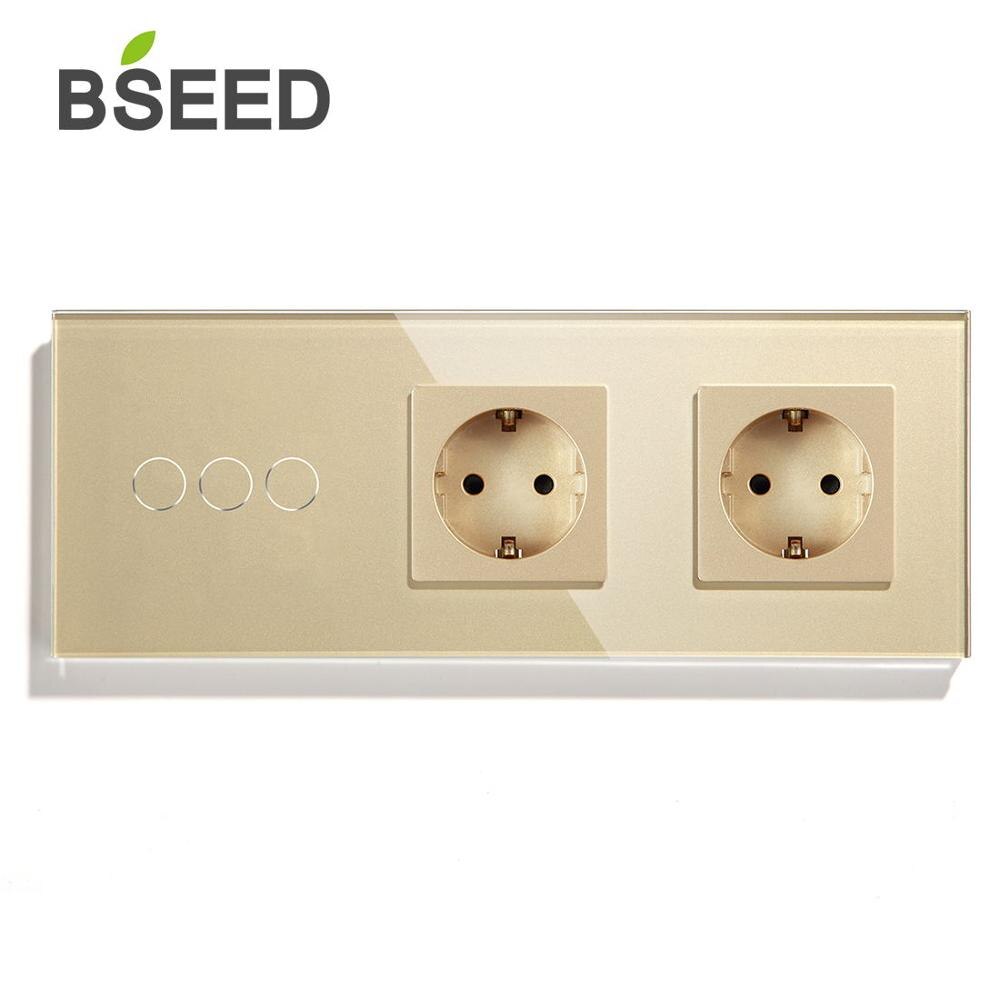 Bseed eu touch-afbryder 3 gang 1 -vejs 2- vejs vægafbryder med dobbelt eu-stik 3 farver krystalglaspanel hvid sort glod: Gloden stikkontakt / 3 gang 1 vej