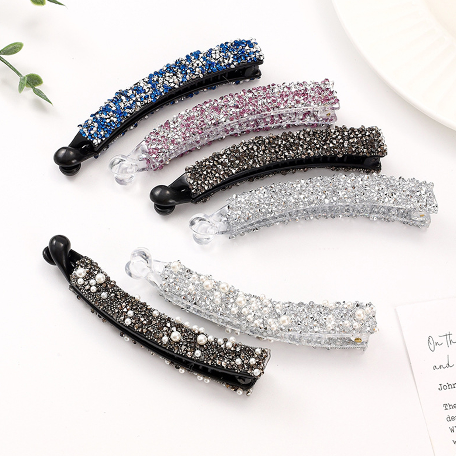 Clip de pelo de plátano con diamantes de imitación completos para mujer, soporte acrílico fuerte, horquilla de perla, pasadores, tocado de ,