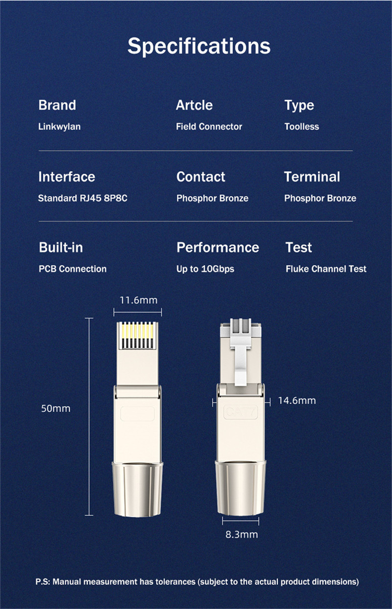 Cat7 6 6A RJ45 Connector Shielded Ethernet Cat 7 Conector STP 8P8C Plug Termination for Cat6/6A/7 23AWG Solid Installation Cable