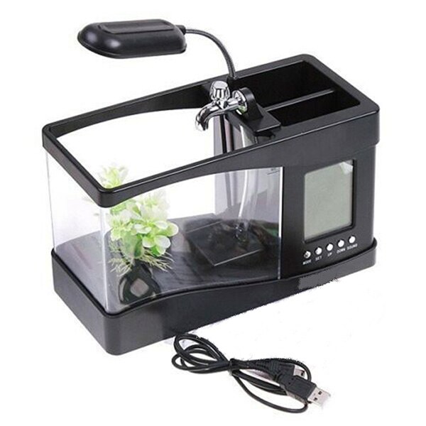 Usb Desktop Mini Aquarium Aquarium Led Lamp Licht Lcd-scherm Klok Voor Home Office Ye