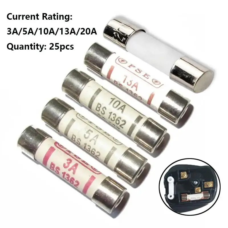 25Pcs 3A/5A/10A/13A/20A household fuse plug household British power supply 13amp riot ceramic plug fuse