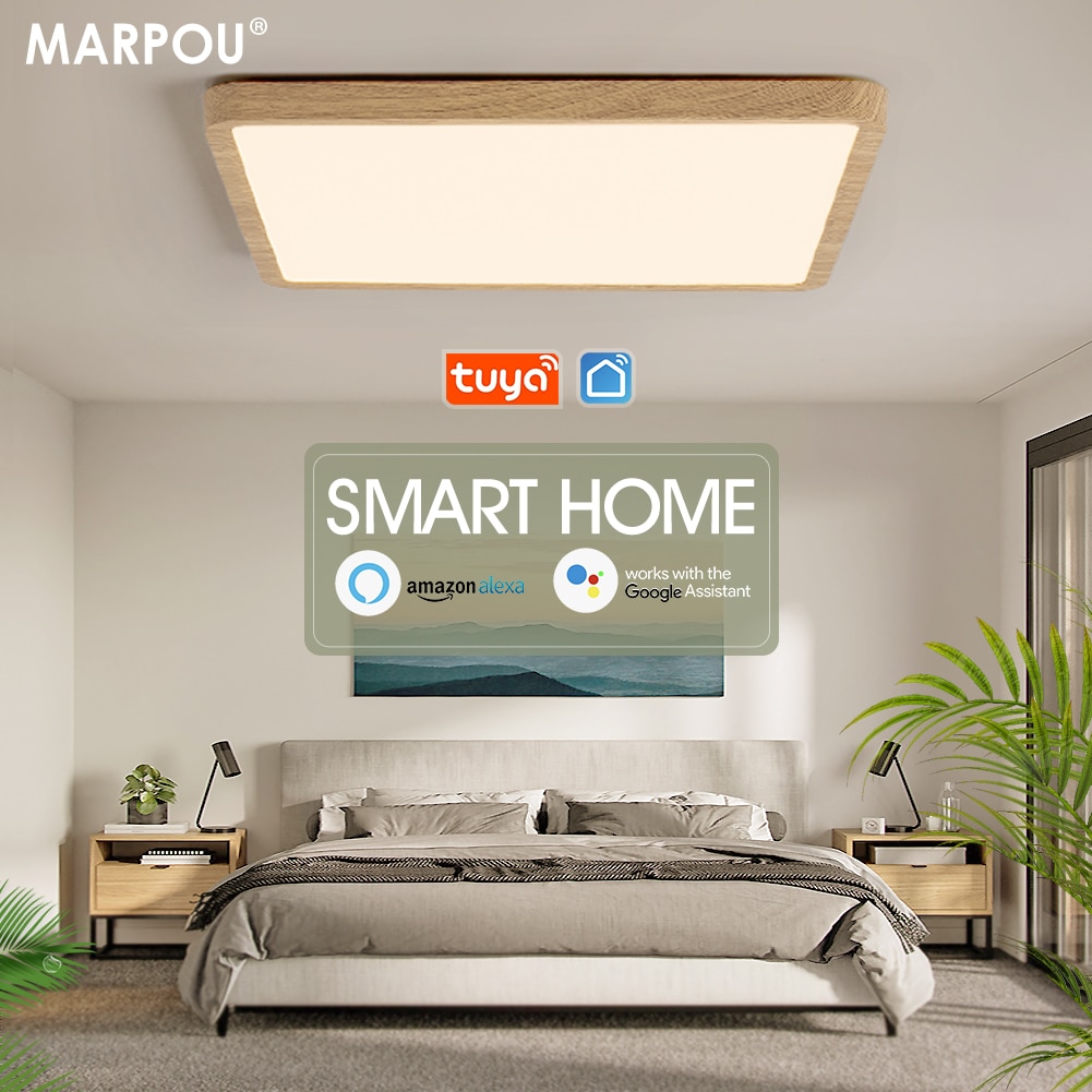 Marpou Tuya Smart Led Plafond Lamp Houtnerf App Voice Control Alexa/Google Afstandsbediening Vierkante Plafond Verlichting Living kamer