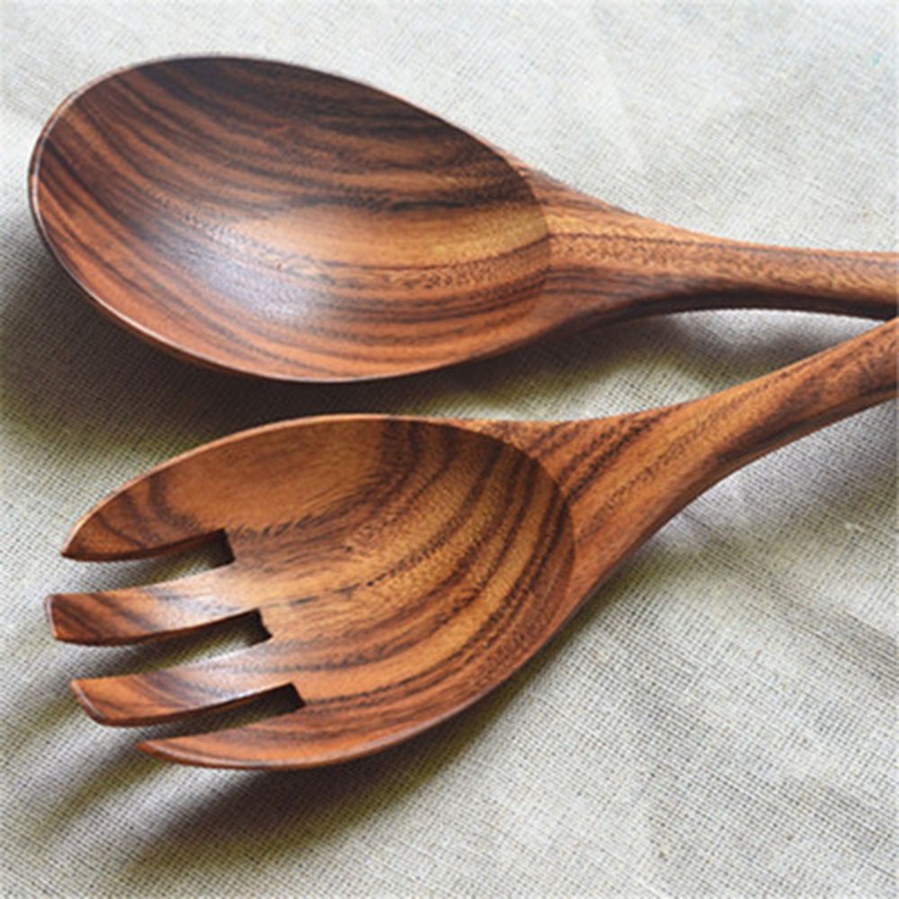 Natürliche Küche Holz Löffel einstellen Große Salat Abendessen Portion Löffel Server Holz Gabel Löffel Besteck einstellen Holz Utensilien Geschirr