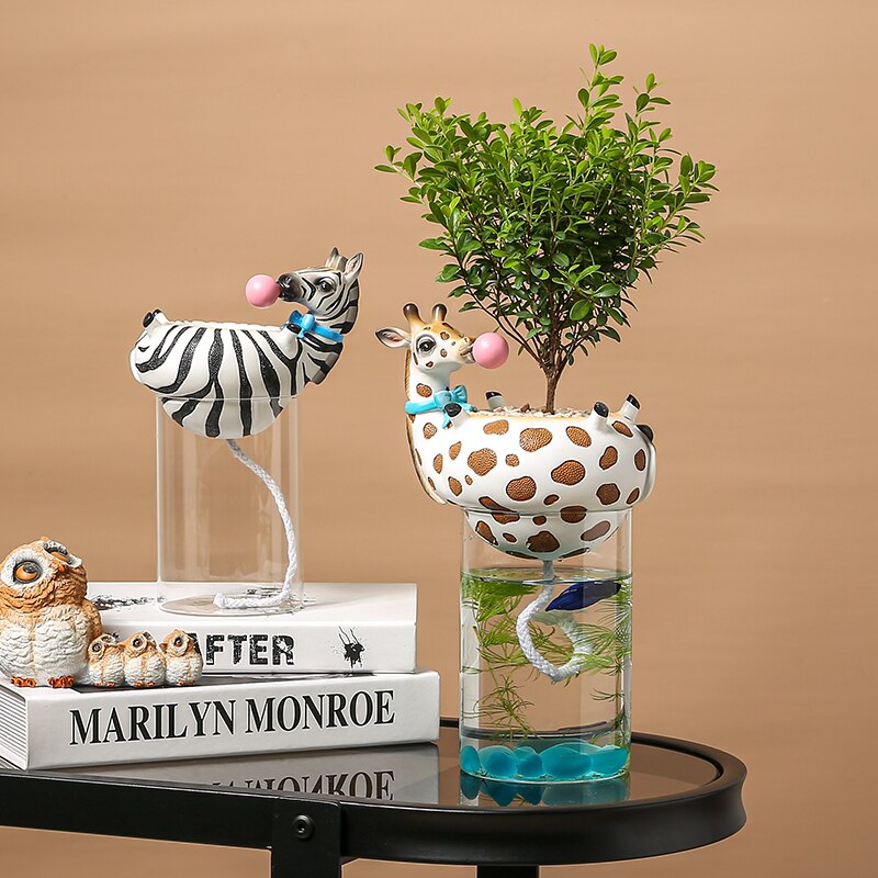 Harpiks dyrehoved vase med akvarium boble naturlig kaktus sukkulente planter urtepotter dekoration zebra giraf håndværk