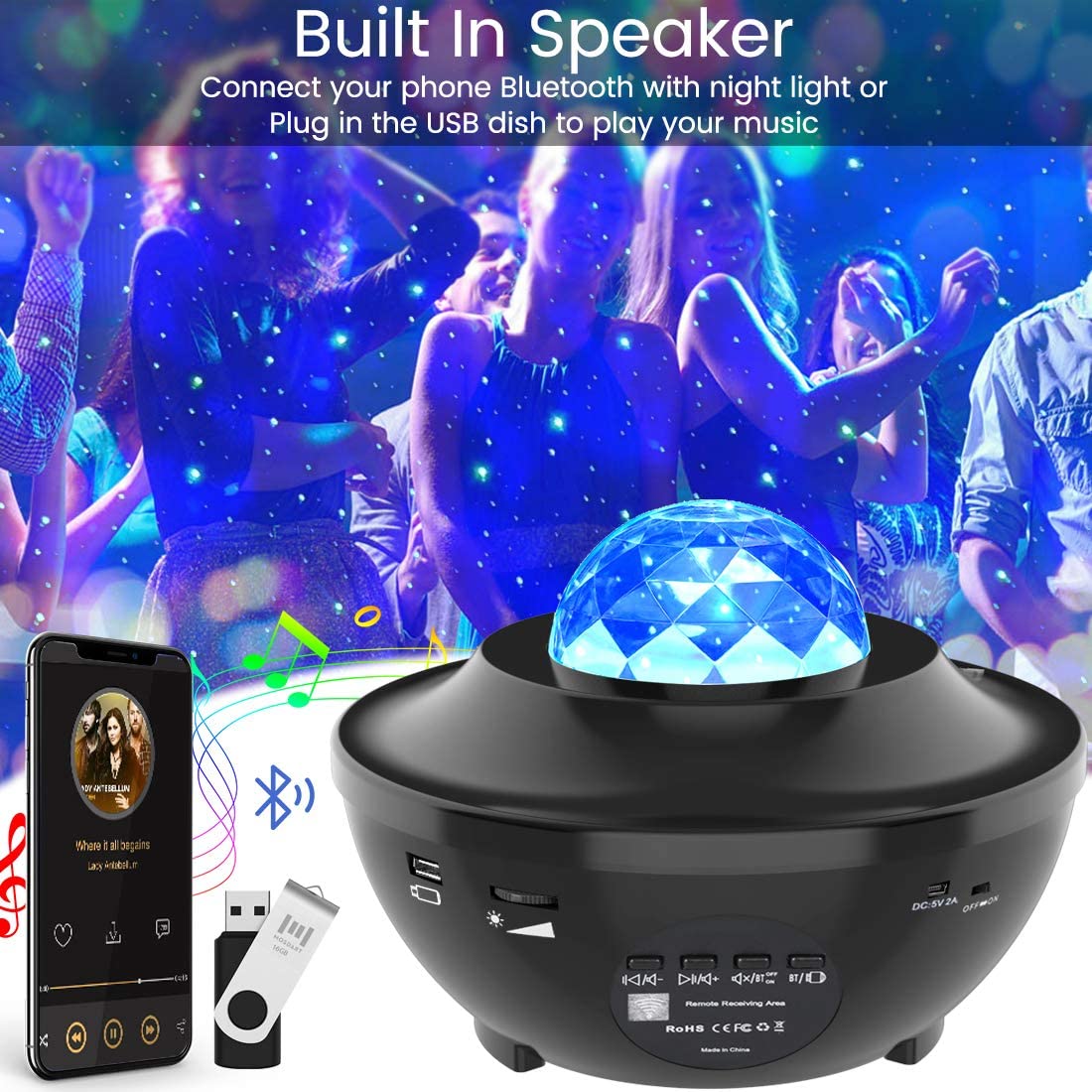Proyector de cielo estrellado colorido, lámpara de ambiente con proyector de ola de mar y estrellas, con Bluetooth, altavoz musical para dormitorio