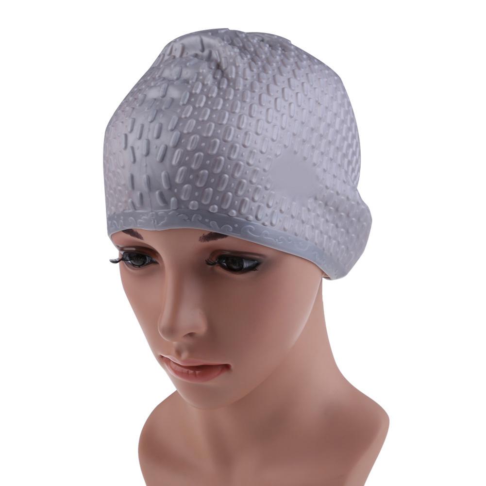 Vandtæt svømmedæksel silikone vandtæppe flerfarvet beskyttende ører langt hår sport svømning pool hat til voksen: Sølv