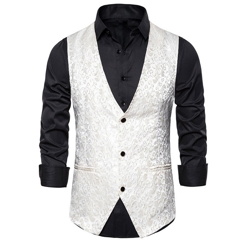 hommes imprimé fleuri Blazer gilet Steampunk Vintage Costume gilet homme gilet fête de mariage Shinny scène Costume automne: white / S