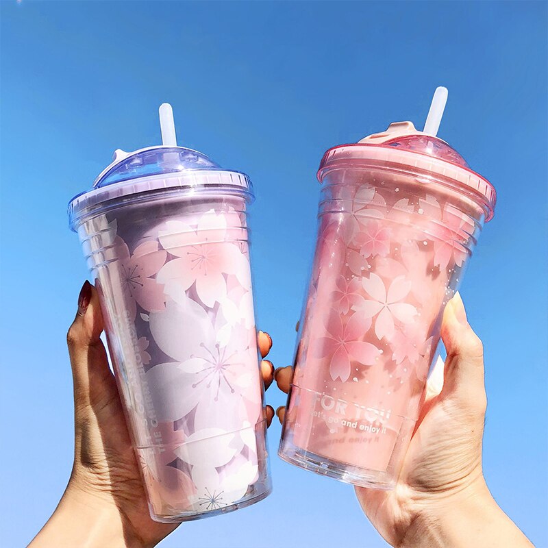 Yenhome double layer tumbler cup reusable romantic couple ice drink mug heat insulation cold insulation straw with lid 16 oz