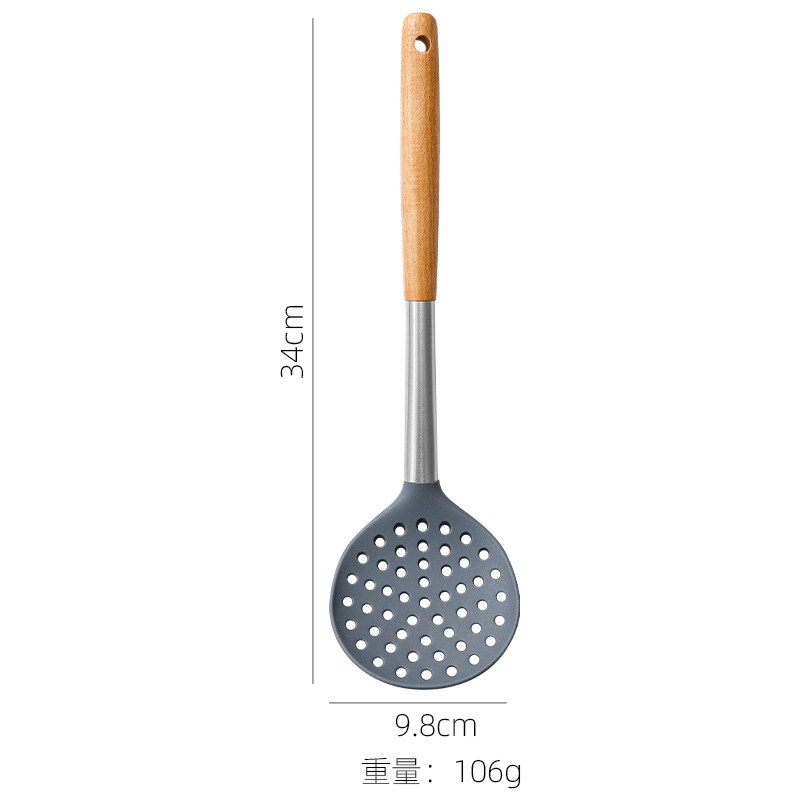 Silicone Kitchen Utensils Wooden Handle Non Stick Pot Kitchenware Cooking Set Heat-resistant Soup Spoon Pasta Colander Shovel: light green