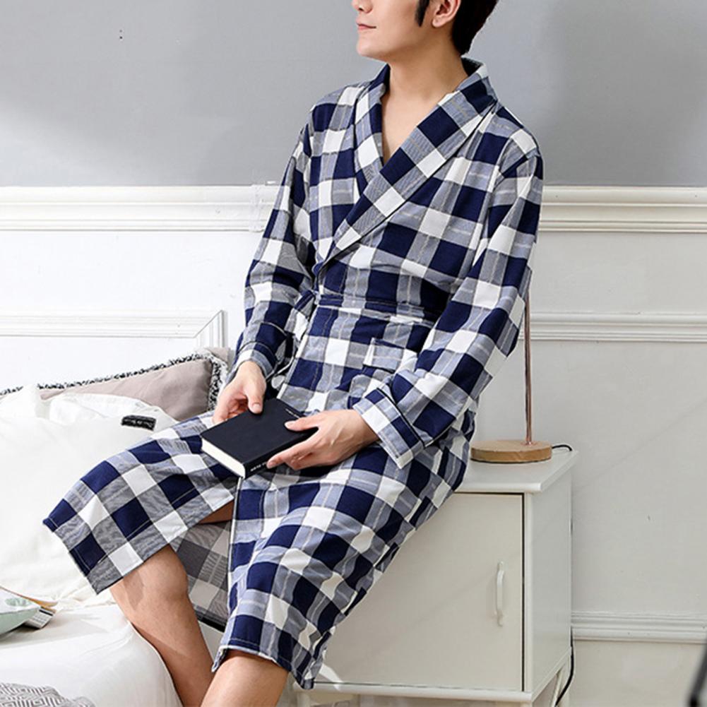 Casual Men Soft Color Block Pockets Long Sleeve Bath Robe Home Gown Sleepwear