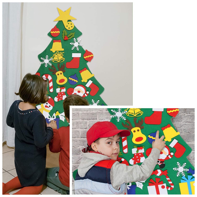 Filt juletræ, diy juletræ med 30 stk aftagelige ornamenter vægindretning med hængende reb til småbørn børn xmas gif