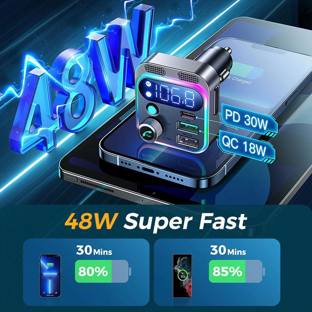 48W Bluetooth 5.3 FM Transmitter For Car Stronger Dual Mics Deep Bass Sound PD&QC3.0 Car Charger Bt Adapter Fm Transmitter