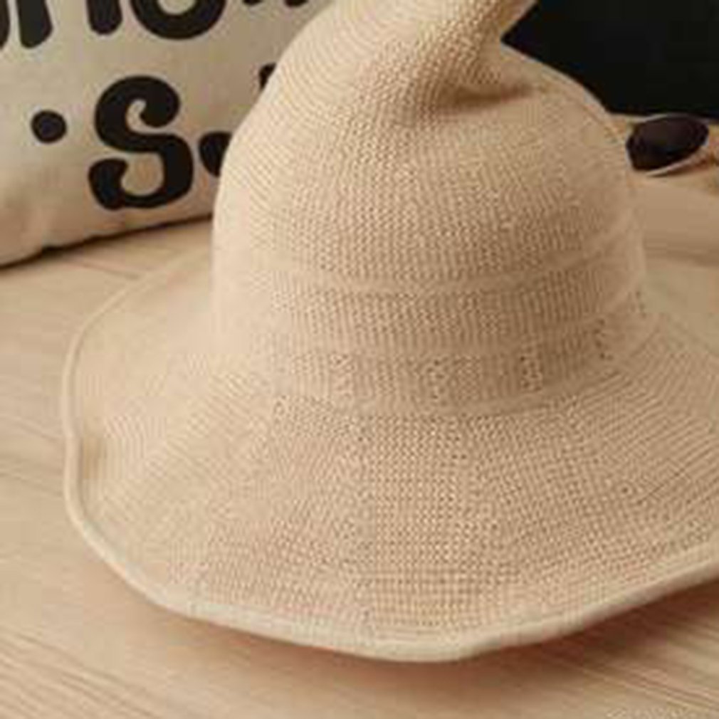 Modern halloween ull häxahatt för kvinnor vikbar bredbredd solboll hatt mössa andningsbar bomulls solhatt: Beige