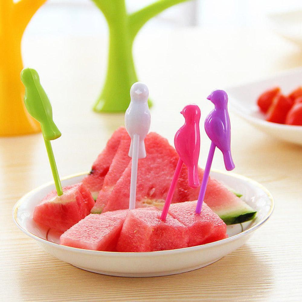 1 Stand+6 Forks Toothpick Fruit Tool Kitchen Gadget Birds Tree Birdie Fruit Fork Cartoon Tree Shape Party Fork Tableware Set